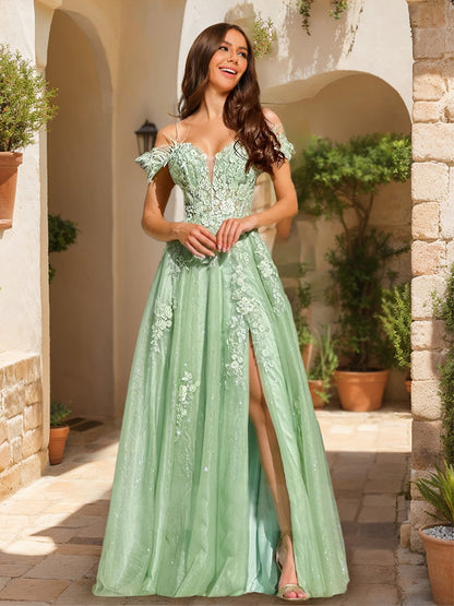 A-Line/Princess Cold-Shoulder Appliques Tulle Prom Dresses with Feathers