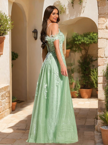 A-Line/Princess Cold-Shoulder Appliques Tulle Prom Dresses with Feathers