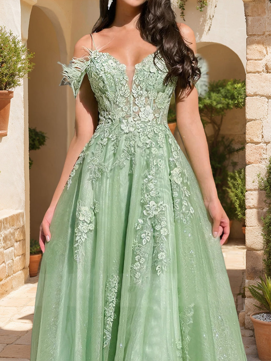 A-Line/Princess Cold-Shoulder Appliques Tulle Prom Dresses with Feathers