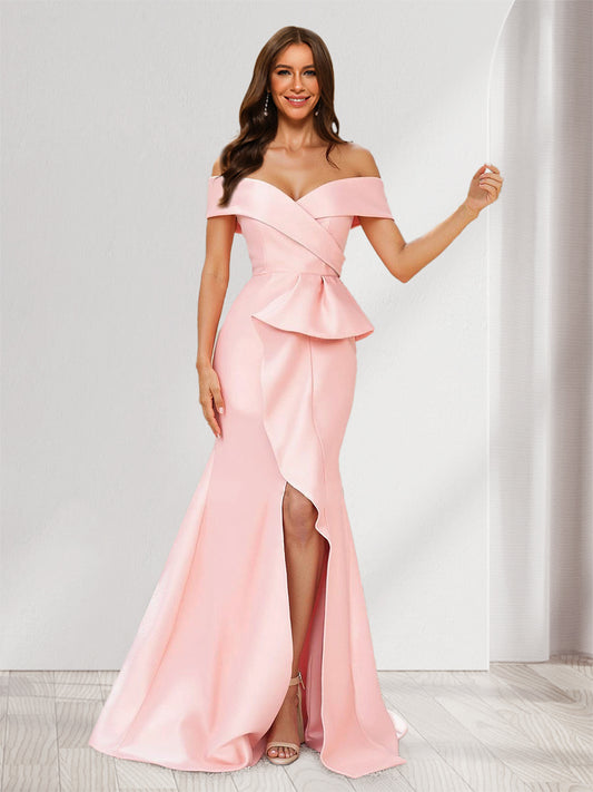 Trumpet/Mermaid Off-the- Shoulder Ruffle Bridesmaid Dresses with Split Side