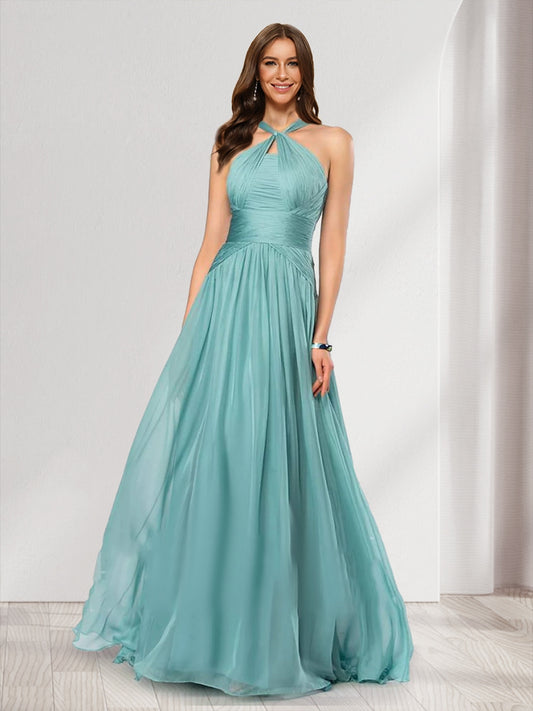 A-Line/Princess Halter Pleated Long Bridesmaid Dresses