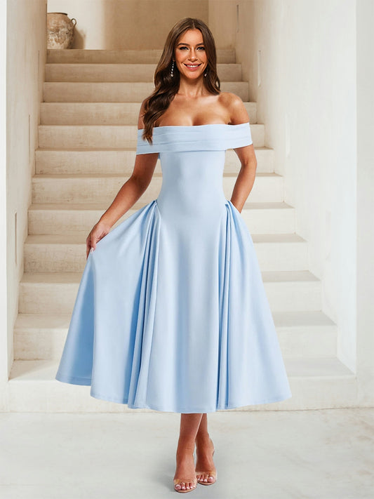 A-Line/Princess Off-the-Shoulder Tea-Length Bridesmaid Dresses with Pleats