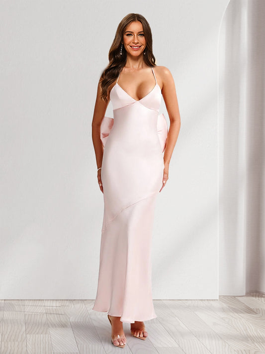 Sheath/Column Spaghetti Straps V-Neck Long Bridesmaid Dresses with Bow