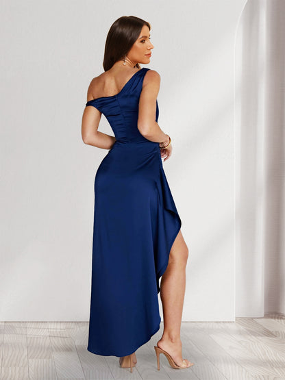 Sheath/Column Asymmetrical One-Shoulder Ruffle Long Bridesmaid Dresses with Split Side