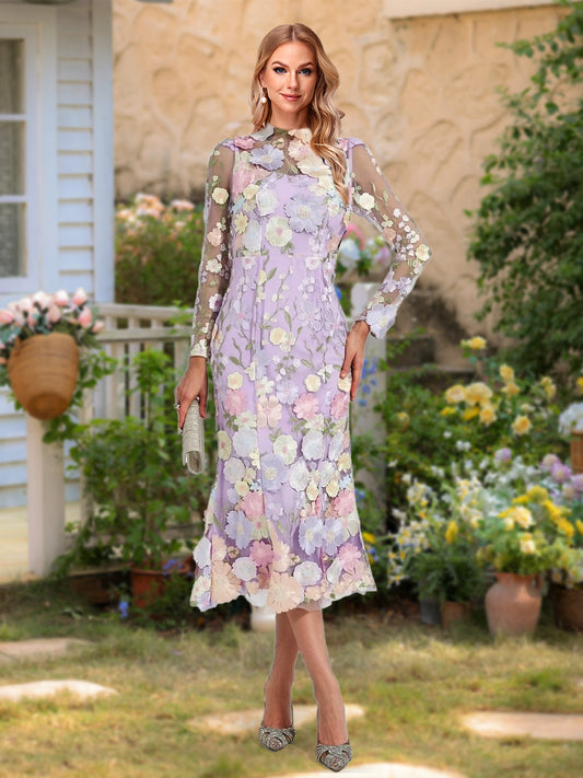 Sheath/Column High Neck Tea-Length Long Sleeves Floral Mother of the Bride Dresses with Appliques