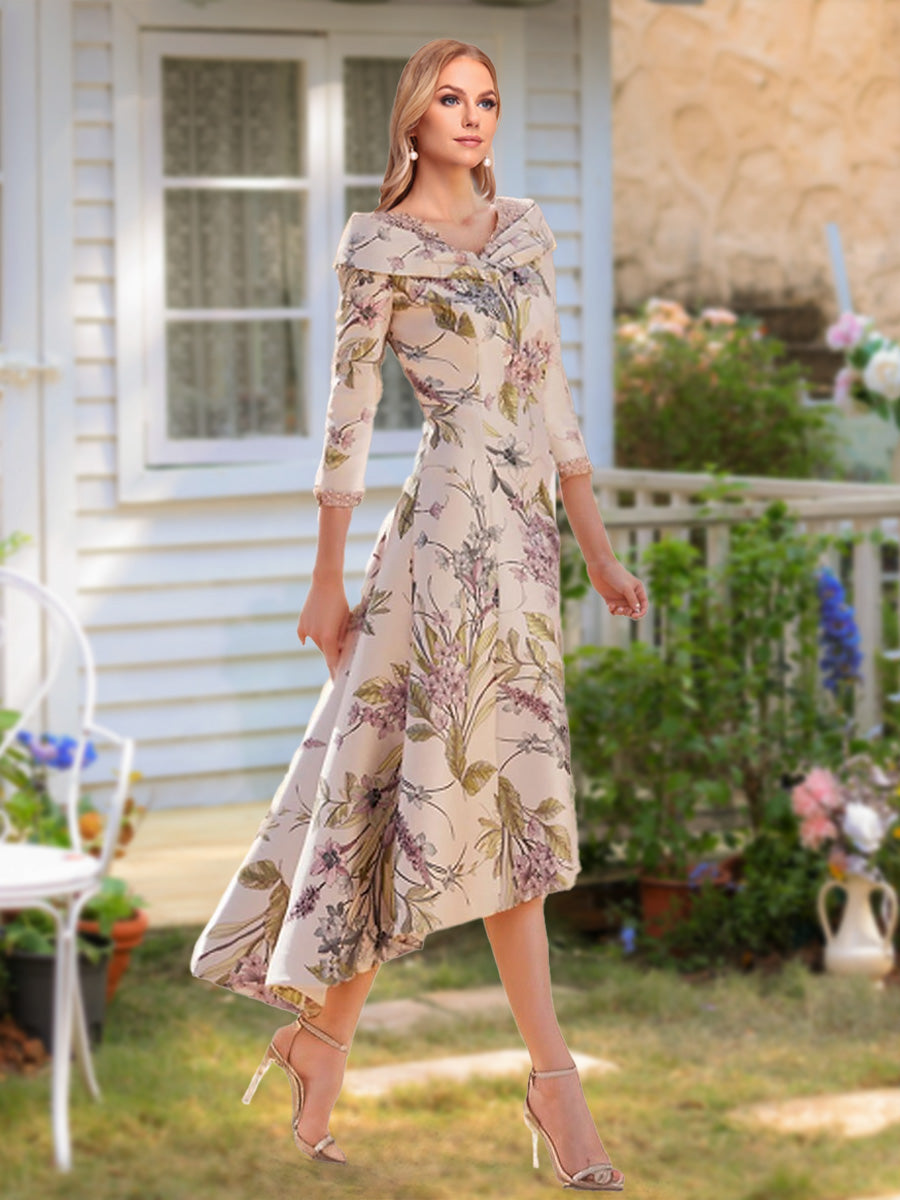 A-Line/Princess V-Neck 3/4 Sleeves Printed Floral Asymmetrical Mother of the Bride Dresses