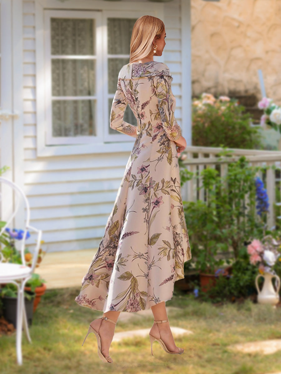 A-Line/Princess V-Neck 3/4 Sleeves Printed Floral Asymmetrical Mother of the Bride Dresses