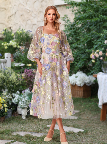 A-Line/Princess Square Neck Puff Sleeves Tea-Length Floral Mother of the Bride Dresses with Appliques