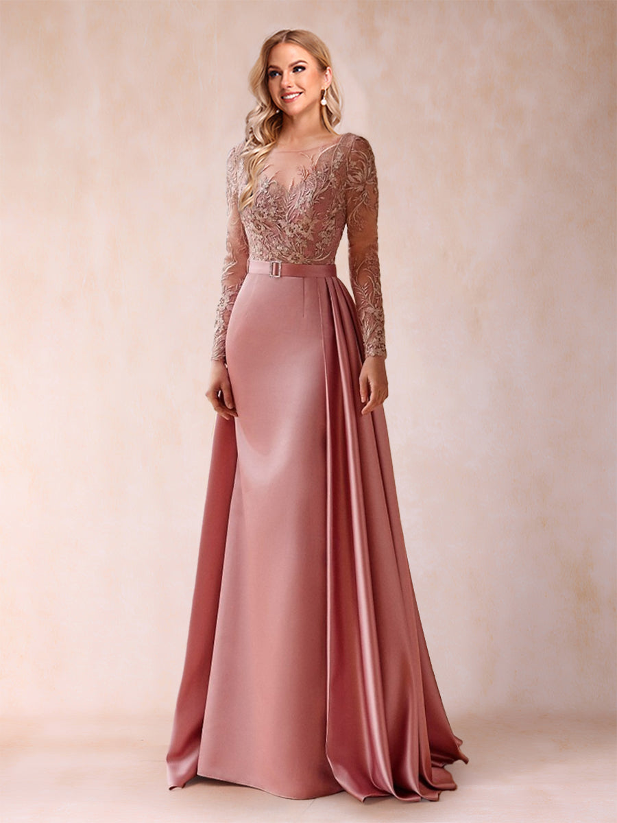 A-Line/Princess Scoop Long Sleeves Floor-Length Pleated Mother of the Bride Dresses with Appliques