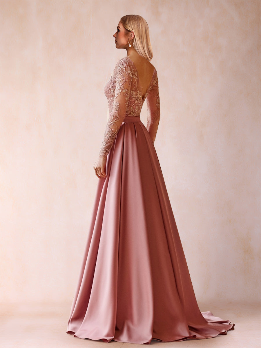 A-Line/Princess Scoop Long Sleeves Floor-Length Pleated Mother of the Bride Dresses with Appliques