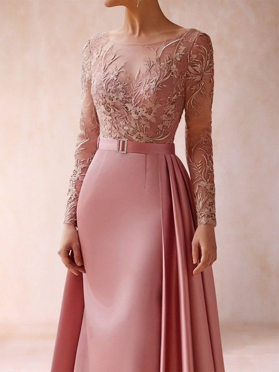 A-Line/Princess Scoop Long Sleeves Floor-Length Pleated Mother of the Bride Dresses with Appliques