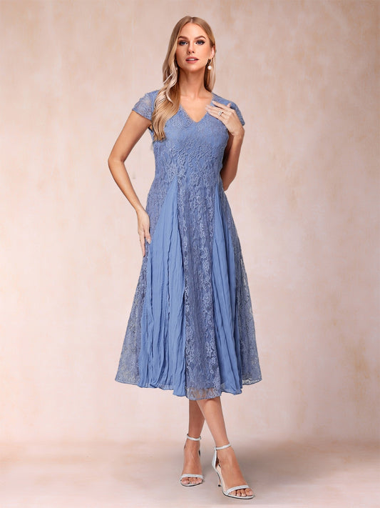 A-Line/Princess V-Neck Short Sleeves Tea-Length Lace Mother of the Bride Dresses