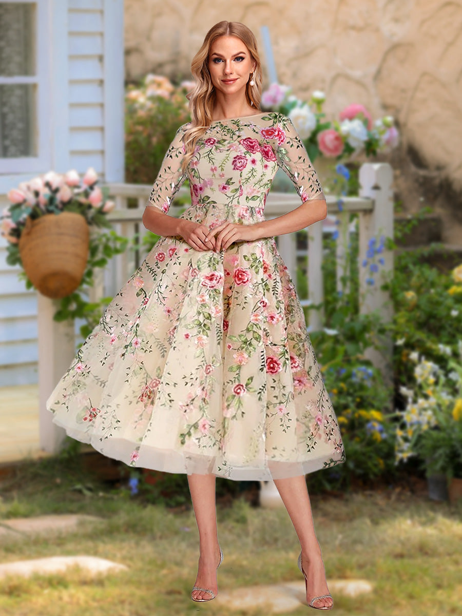 A-Line/Princess Scoop Half Sleeves Tea-Length Vintage Mother of the Bride Dresses with Embroidery Appliques