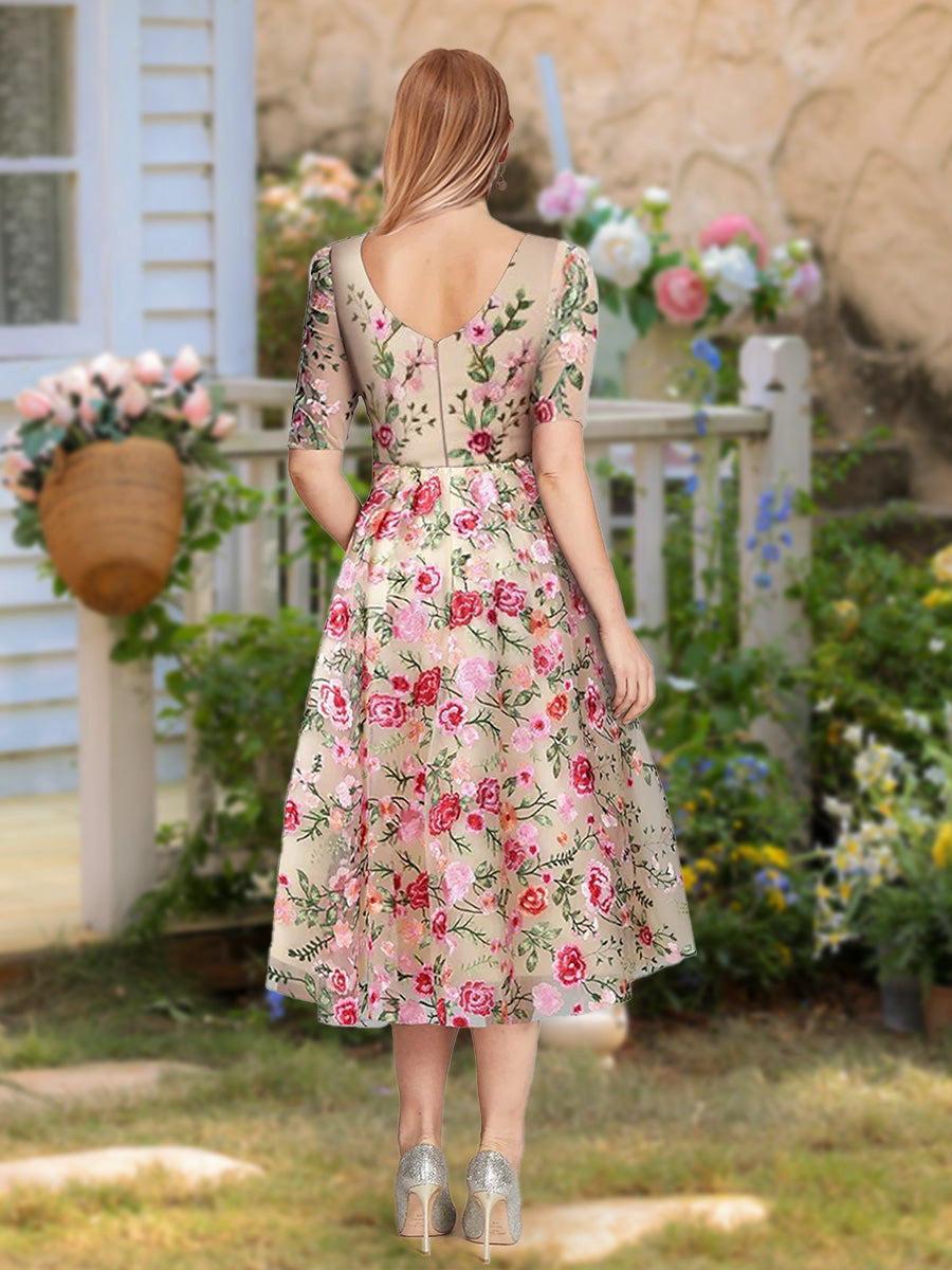 A-Line/Princess Scoop Half Sleeves Tea-Length Vintage Mother of the Bride Dresses with Embroidery Appliques