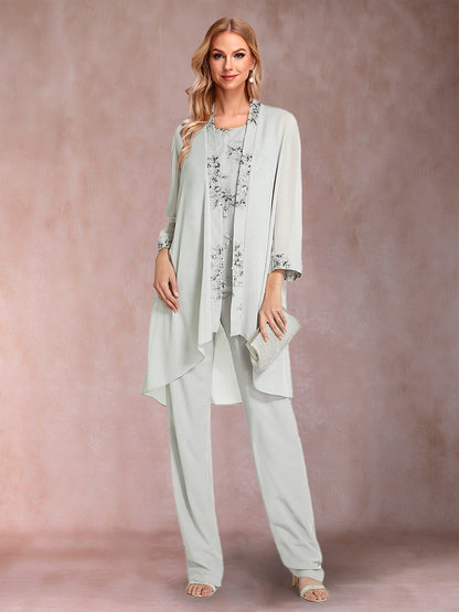 Chiffon Scoop Long Sleeves Floor-Length 3 Pieces Mother of the Bride Pantsuits with Appliques