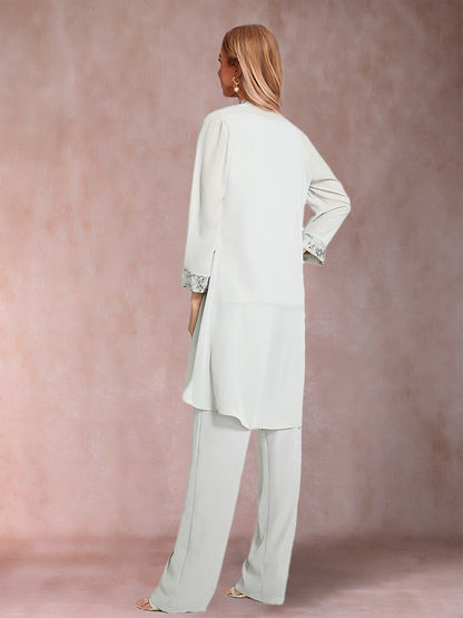 Chiffon Scoop Long Sleeves Floor-Length 3 Pieces Mother of the Bride Pantsuits with Appliques