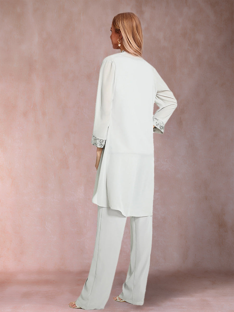 Chiffon Scoop Long Sleeves Floor-Length 3 Pieces Mother of the Bride Pantsuits with Appliques