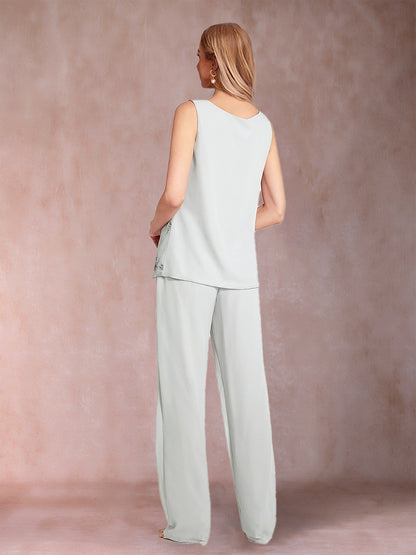 Chiffon Scoop Long Sleeves Floor-Length 3 Pieces Mother of the Bride Pantsuits with Appliques