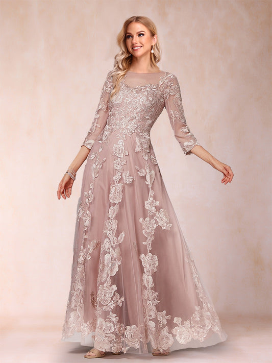 A-Line/Princess Illusion Scoop Floor-Length 3/4 Sleeves Mother of the Bride Dresses with Appliques