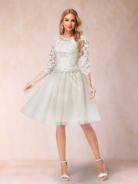 A-Line/Princess Illusion Scoop Knee-Length 3/4 Sleeves Mother of the Bride Dresses with Appliques