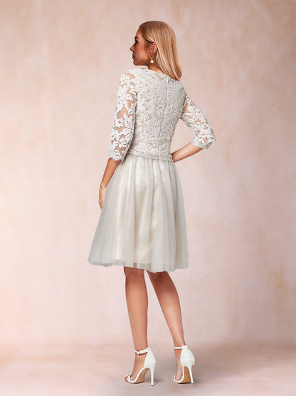 A-Line/Princess Illusion Scoop Knee-Length 3/4 Sleeves Mother of the Bride Dresses with Appliques