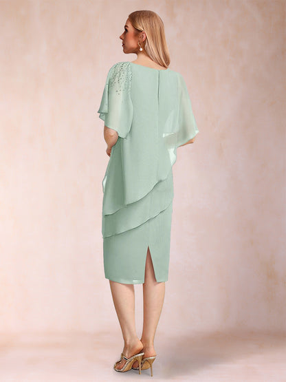 Sheath/Column Asymmetrical Neck Short Sleeves Tiered Mother of the Bride Dresses with Beading