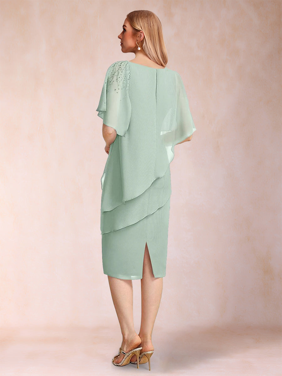 Sheath/Column Asymmetrical Neck Short Sleeves Tiered Mother of the Bride Dresses with Beading