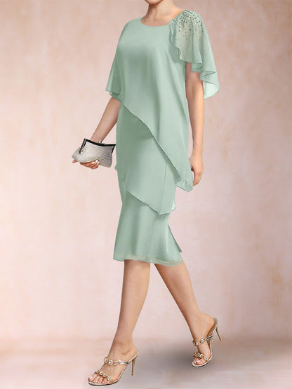 Sheath/Column Asymmetrical Neck Short Sleeves Tiered Mother of the Bride Dresses with Beading