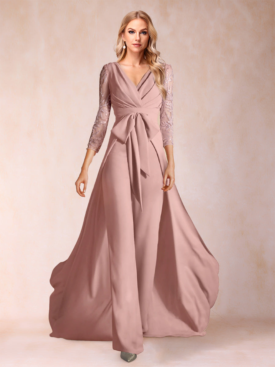 Chiffon V-Neck 3/4 Sleeves Floor-Length Ruched Mother of the Bride Pantsuits with Appliques