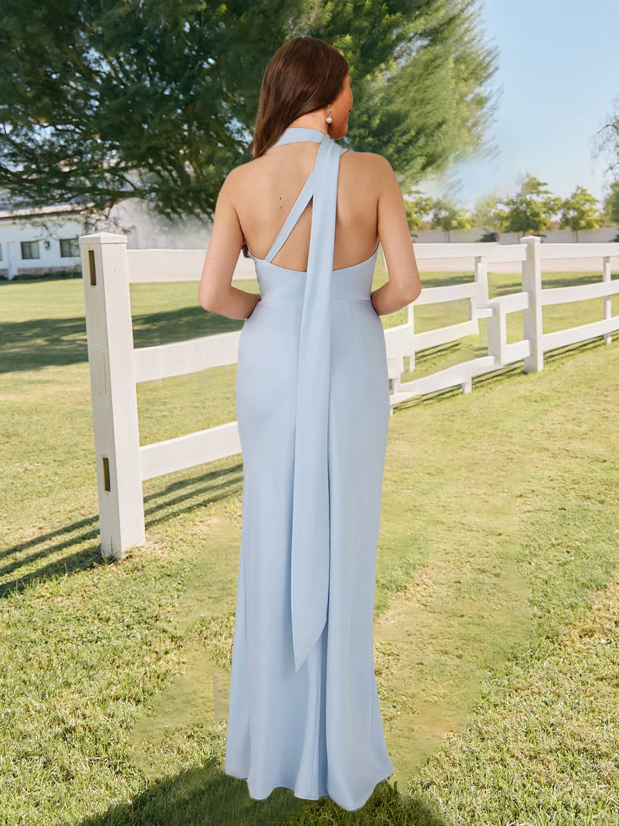 Sheath/Column Asymmetrical Sleeveless Slit Long Bridesmaid Dresses with Neck Scarf