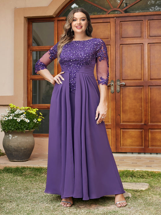 A-Line/Princess Long Plus Size Evening Dresses with Lace Appliques & Half Sleeves