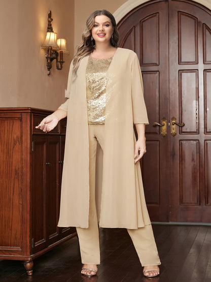 Chiffon Scoop 3/4 Sleeves 3 Pieces Plus Size Pantsuits with Sequins & Jacket