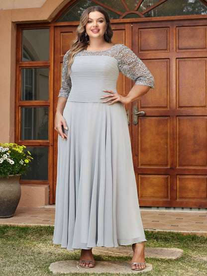 A-Line/Princess Sheer Neck Half Sleeves Long Plus Size Evening Dresses with Appliques