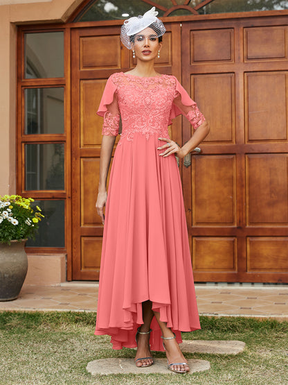 A-Line/Princess Sheer Neck Half Sleeves Long Evening Dresses with Appliques