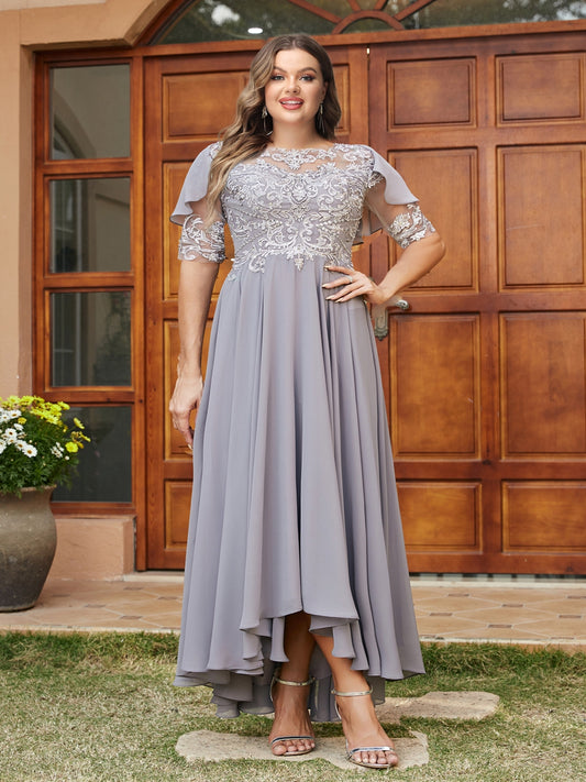 A-Line/Princess Sheer Neck Half Sleeves Long Plus Size Evening Dresses with Appliques