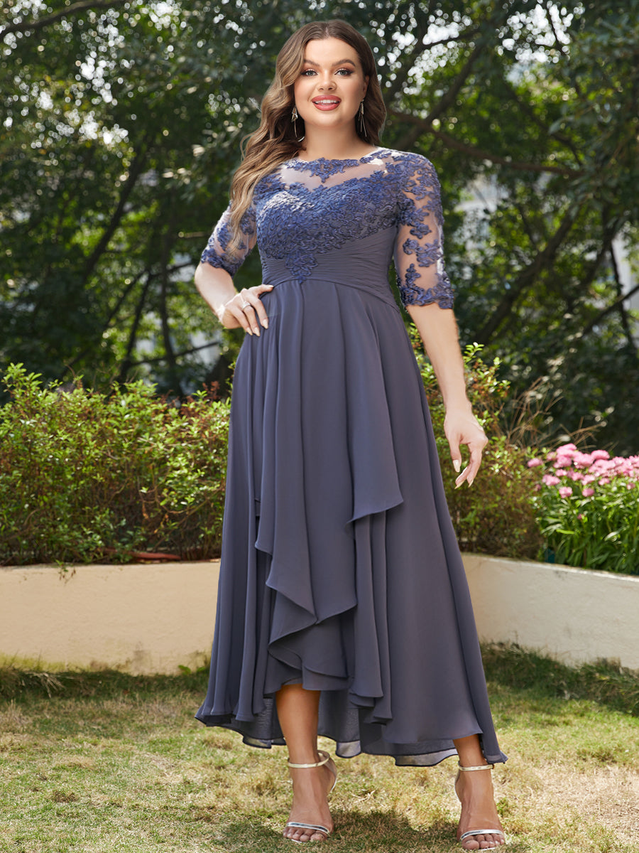 A-Line/Princess Sheer Neck Half Sleeves Long Plus Size Evening Dresses with Appliques