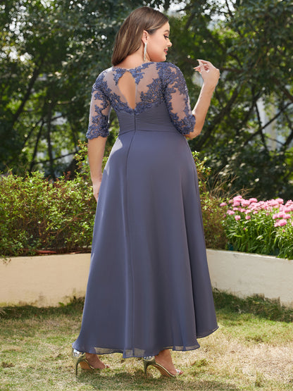 A-Line/Princess Sheer Neck Half Sleeves Long Plus Size Evening Dresses with Appliques