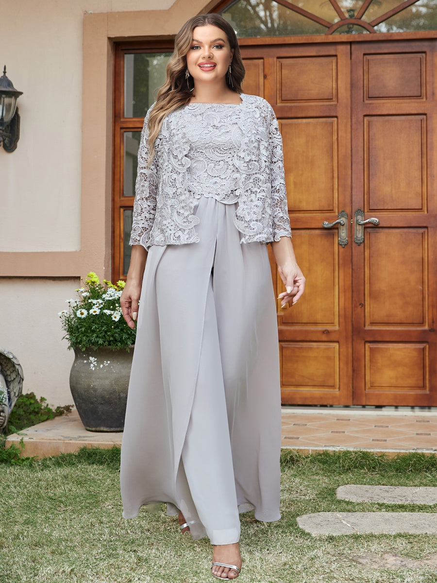 Lace Chiffon Square Neck 3/4 Sleeves 3 Pieces Plus Size Pantsuits with Appliques & Jacket