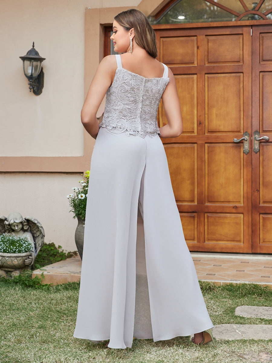 Lace Chiffon Square Neck 3/4 Sleeves 3 Pieces Plus Size Pantsuits with Appliques & Jacket