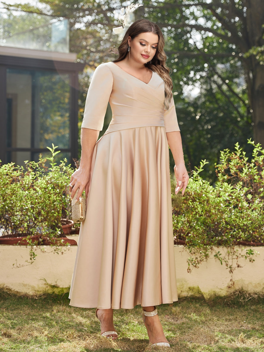 A-Line/Princess V-Neck Half Sleeves Ankle-Length Long Plus Size Evening Dresses with Ruffles