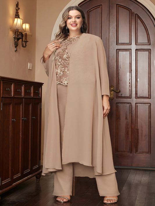 Chiffon Scoop Long Sleeves 3 Pieces Plus Size Pantsuits with Appliques & Jacket