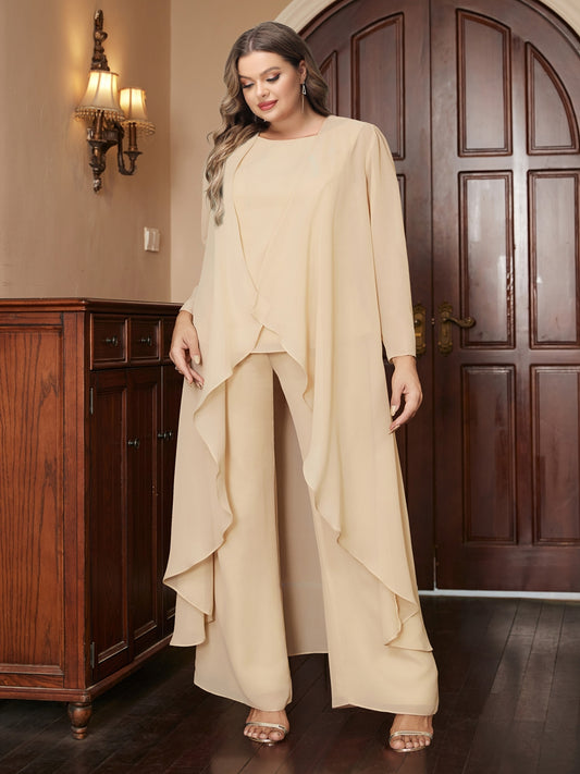 Chiffon Scoop Long Sleeves 3 Pieces Plus Size Pantsuits with Jacket