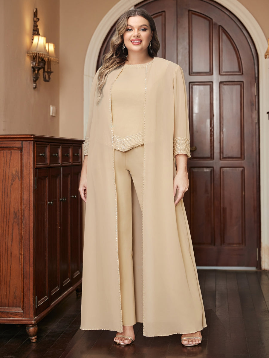 Chiffon Scoop 3/4 Sleeves 3 Pieces Plus Size Pantsuits with Sequins & Jacket