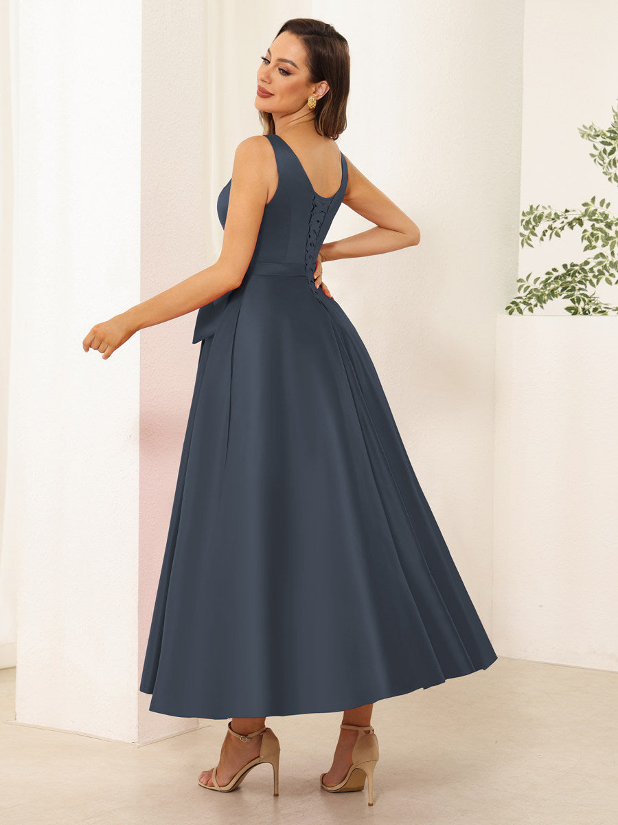 A-Line/Princess V Neck Sleeveless Long Evening Dresses with Bow Knot