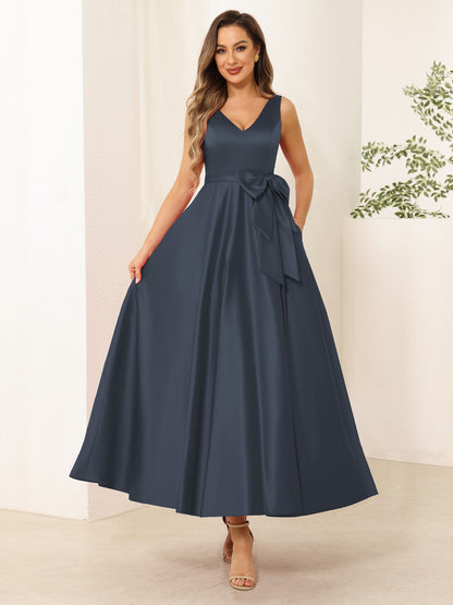 A-Line/Princess V Neck Sleeveless Long Evening Dresses with Bow Knot