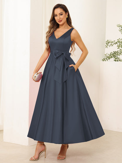 A-Line/Princess V Neck Sleeveless Long Evening Dresses with Bow Knot