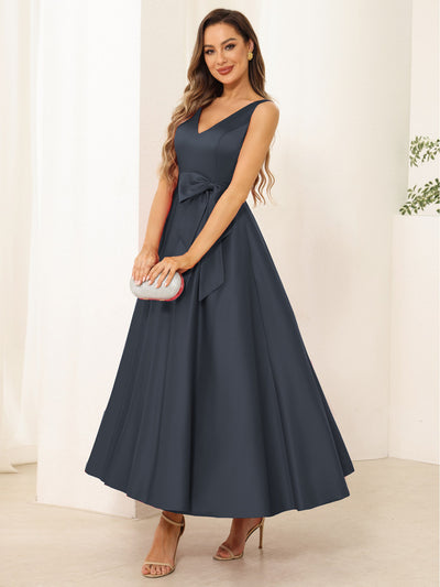 A-Line/Princess V Neck Sleeveless Long Evening Dresses with Bow Knot