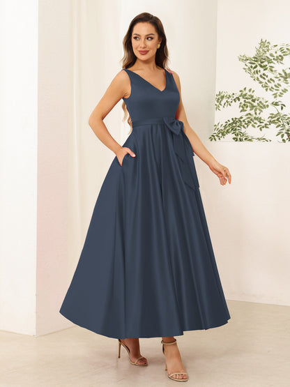 A-Line/Princess V Neck Sleeveless Long Evening Dresses with Bow Knot