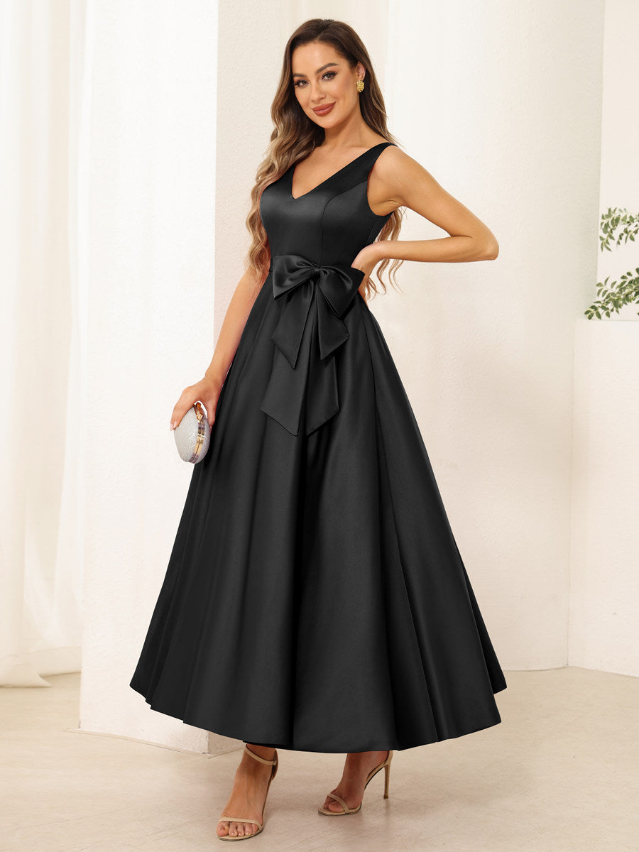 A-Line/Princess V Neck Sleeveless Long Evening Dresses with Bow Knot