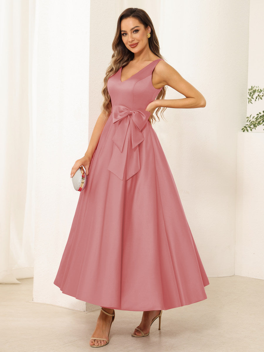 A-Line/Princess V Neck Sleeveless Long Evening Dresses with Bow Knot